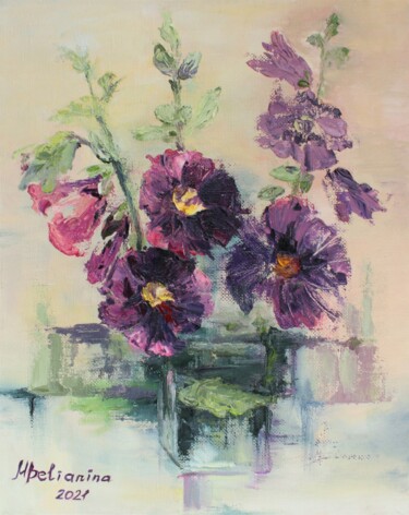 Painting titled ""Malva flowers in a…" by Mariia Belianina, Original Artwork, Oil Mounted on Wood Stretcher frame