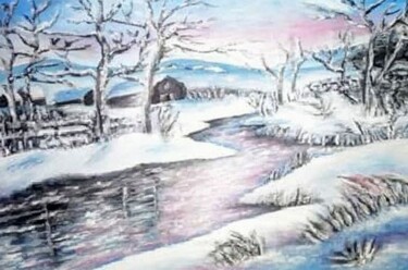 Schilderij getiteld "River in snow" door Marija Mitrovic, Origineel Kunstwerk, Olie