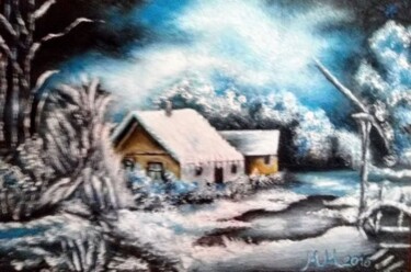 Картина под названием "Home in snow" - Marija Mitrovic, Подлинное произведение искусства, Масло