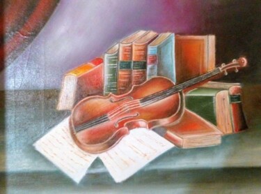 Painting titled "Violin and books" by Marija Mitrovic, Original Artwork, Oil