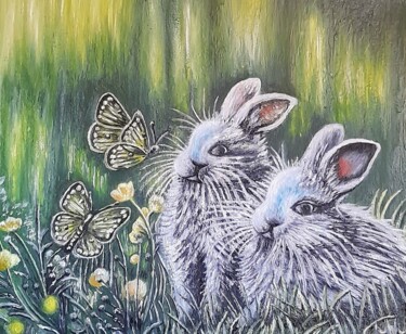 Painting titled "Bunniss and butterf…" by Marija Mitrovic, Original Artwork, Oil