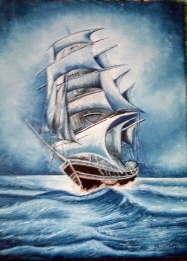 Malerei mit dem Titel "Ship on sea" von Marija Mitrovic, Original-Kunstwerk, Öl