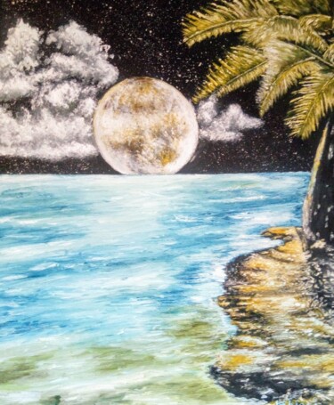 Painting titled "Moon touch sea" by Marija Mitrovic, Original Artwork, Oil