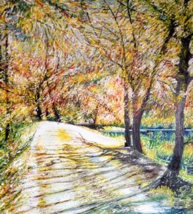 Pittura intitolato "Road through forest" da Marija Mitrovic, Opera d'arte originale, Olio
