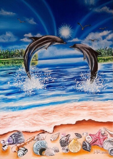 「Loves dolphin」というタイトルの絵画 Marija Mitrovicによって, オリジナルのアートワーク, オイル