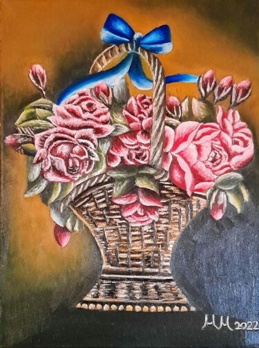 Ζωγραφική με τίτλο "Roses in basket" από Marija Mitrovic, Αυθεντικά έργα τέχνης, Λάδι