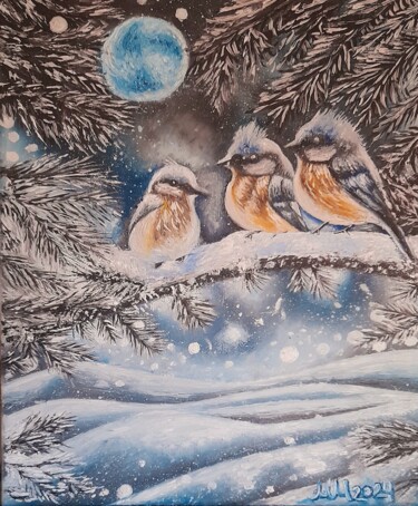 Painting titled "Sparrows on a snowy" by Marija Mitrovic, Original Artwork, Oil