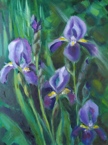 Картина под названием "Irises after rain" - Marija Rudnewa, Подлинное произведение искусства, Масло
