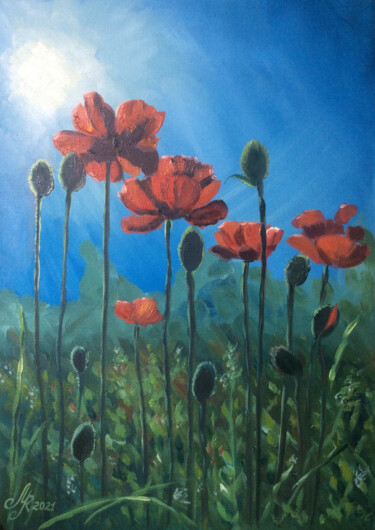 Schilderij getiteld "Poppy daylight" door Marija Rudnewa, Origineel Kunstwerk, Olie