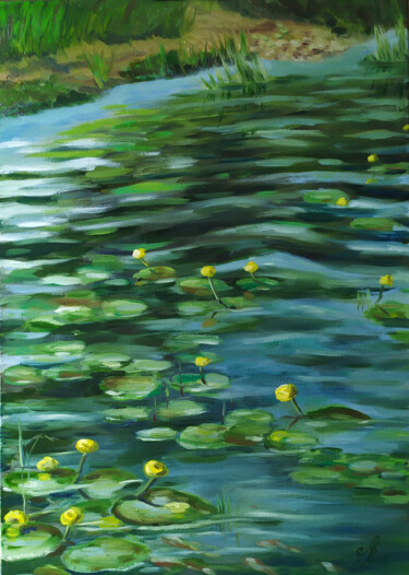 Pittura intitolato "Yellow water lilies…" da Marija Rudnewa, Opera d'arte originale, Olio