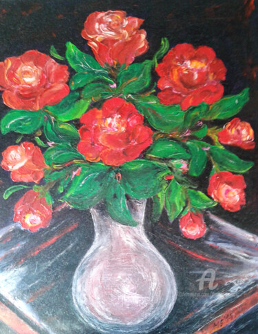 Картина под названием "Flower motif - Red…" - Marija Sviličić, Подлинное произведение искусства, Масло