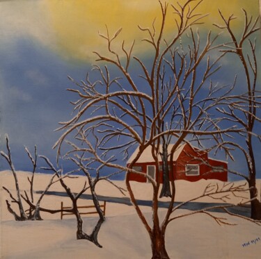 Malerei mit dem Titel "Holzhaus in Schweden" von Marija Weiß, Original-Kunstwerk, Acryl