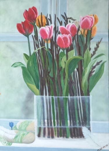Painting titled "Tulpen im Glasvase" by Marija Weiß, Original Artwork, Acrylic