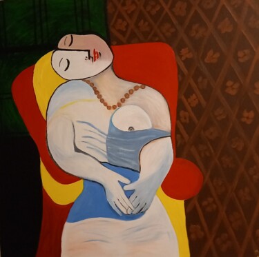 Malerei mit dem Titel "Frau im roten Sesse…" von Marija Weiß, Original-Kunstwerk, Acryl