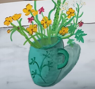 Malerei mit dem Titel "Blumen in grünen Ka…" von Marija Weiß, Original-Kunstwerk, Acryl