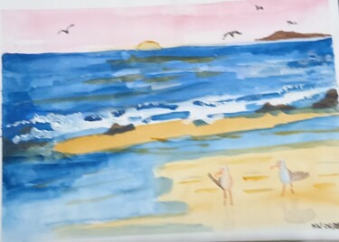 Schilderij getiteld "Die Möwen am Strand" door Marija Weiß, Origineel Kunstwerk, Aquarel