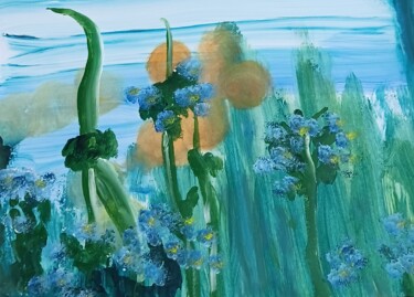 Malerei mit dem Titel "Blaue Blume am Wass…" von Marija Weiß, Original-Kunstwerk, Acryl