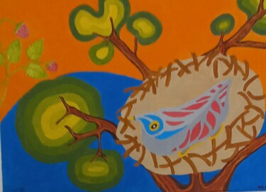Malerei mit dem Titel "Vogelkücken im Nest" von Marija Weiß, Original-Kunstwerk, Acryl