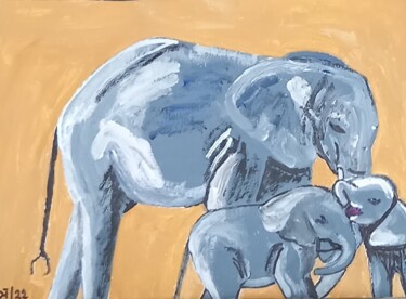 Painting titled "Elefanten Kuh mit z…" by Marija Weiß, Original Artwork, Acrylic