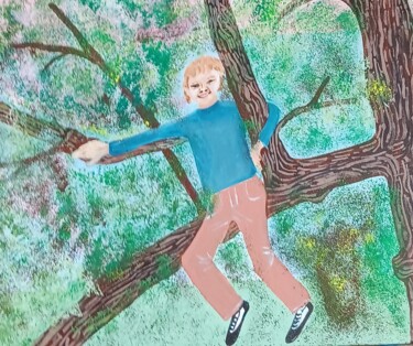 Painting titled "Junge im Baum" by Marija Weiß, Original Artwork, Acrylic