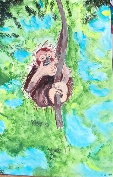 Schilderij getiteld "Orang-Utan baby auf…" door Marija Weiß, Origineel Kunstwerk, Acryl