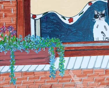 Painting titled "Katze am Fenster" by Marija Weiß, Original Artwork, Acrylic