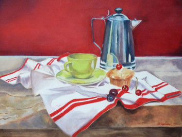 Painting titled "Koffie en cake" by Marijke Vanwezer, Original Artwork, Oil