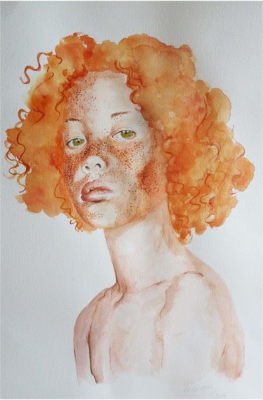 Painting titled "red haired boy" by Marijke Vanwezer, Original Artwork, Watercolor