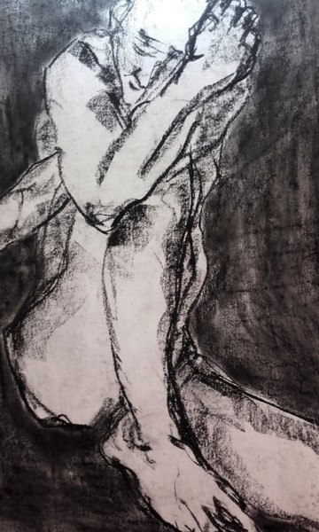 Drawing titled "Le pensif - Pensive" by Marijo Ponce Fest, Original Artwork, Charcoal