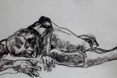 Drawing titled "A terre - On the gr…" by Marijo Ponce Fest, Original Artwork, Charcoal