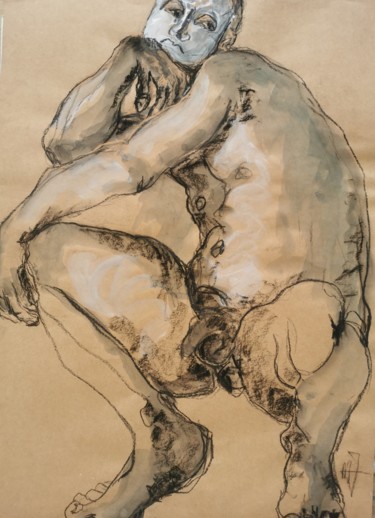 Drawing titled "Accroupi - Crouching" by Marijo Ponce Fest, Original Artwork, Charcoal