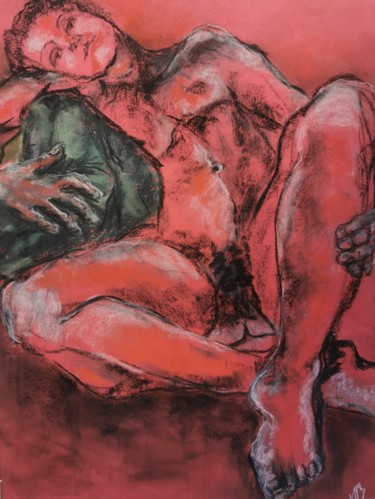 Drawing titled "Le coussin vert" by Marijo Ponce Fest, Original Artwork, Pastel