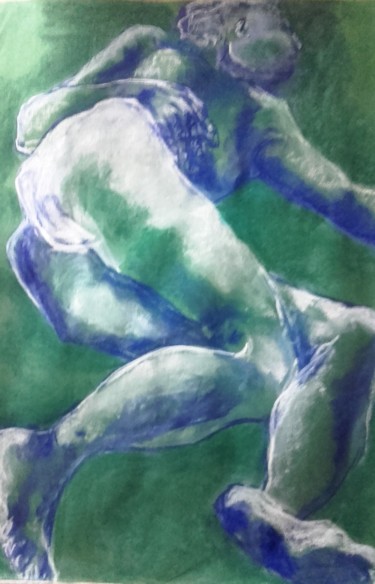 Drawing titled "Blanc bleu sur vert" by Marijo Ponce Fest, Original Artwork, Pastel