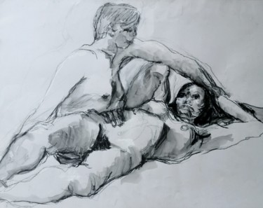 Drawing titled "Le couple - The cou…" by Marijo Ponce Fest, Original Artwork, Charcoal