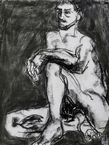 Drawing titled "Assis - Sitting" by Marijo Ponce Fest, Original Artwork, Charcoal