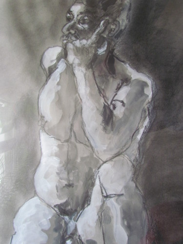Drawing titled "Réflexion - Thinking" by Marijo Ponce Fest, Original Artwork, Charcoal
