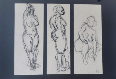 Dessin intitulée "3 postures" par Marijo Ponce Fest, Œuvre d'art originale, Fusain