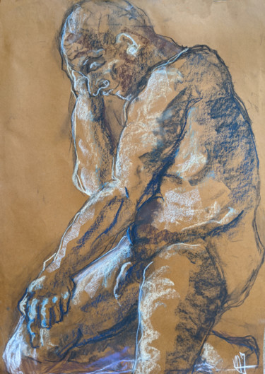 Drawing titled "A genou - Kneeling" by Marijo Ponce Fest, Original Artwork, Pastel