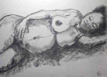 Tekening getiteld "Enceinte - Pregnant" door Marijo Ponce Fest, Origineel Kunstwerk, Houtskool