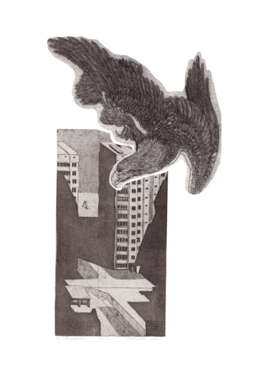 Druckgrafik mit dem Titel "Hunting" von Maslova, Original-Kunstwerk, Radierung