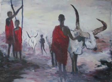 Peinture intitulée "scène d'Afrique" par Marie-Laure Aymoz, Œuvre d'art originale, Huile