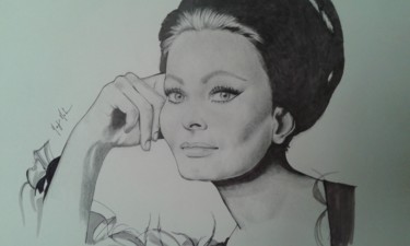 Zeichnungen mit dem Titel "Sophia Loren" von Papier Ma, Original-Kunstwerk, Bleistift