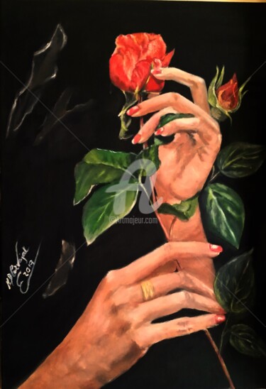 Pittura intitolato "rosas en las  manos" da Marilo, Opera d'arte originale, Olio