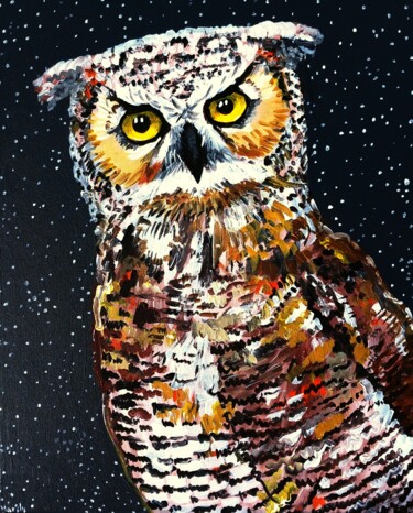 Painting titled ""Eagle Owl"" by Marily Valkijainen, Original Artwork, Acrylic Mounted on Wood Stretcher frame