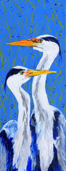 Painting titled ""Blue Heron couple"" by Marily Valkijainen, Original Artwork, Acrylic Mounted on Wood Stretcher frame