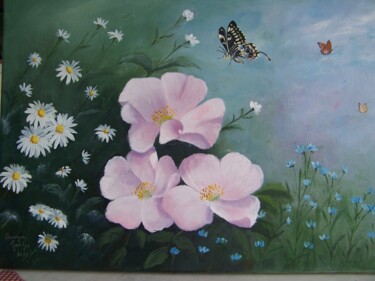 Painting titled "Coin de jardin" by Marilyn Bourgois, Original Artwork, Oil Mounted on Wood Stretcher frame