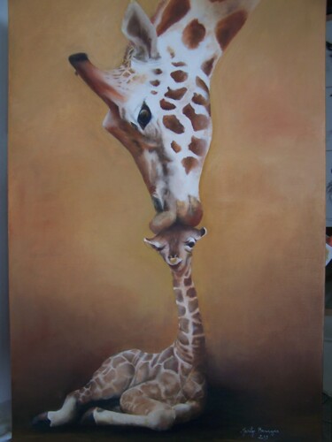 Painting titled "Tendresse d'une mère" by Marilyn Bourgois, Original Artwork, Oil Mounted on Wood Stretcher frame