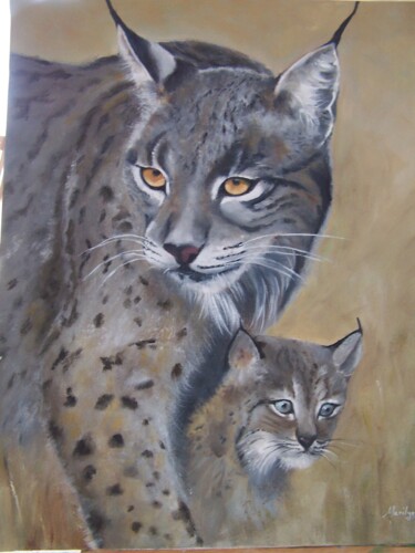 Painting titled "maman lynx et son b…" by Marilyn Bourgois, Original Artwork, Oil