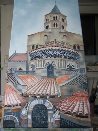 Painting titled "Basilique de St Eti…" by Marilyn Bourgois, Original Artwork, Oil Mounted on Wood Stretcher frame