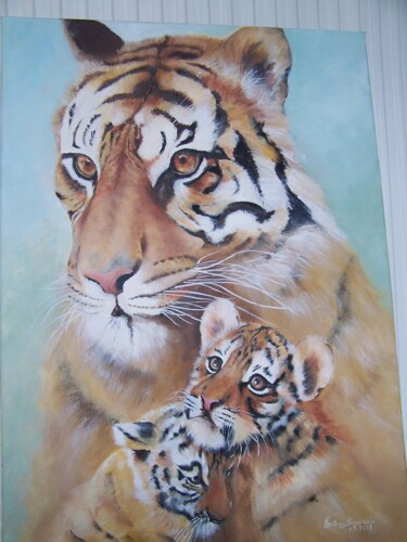 Painting titled "maman tigre et ses…" by Marilyn Bourgois, Original Artwork, Oil Mounted on Wood Stretcher frame
